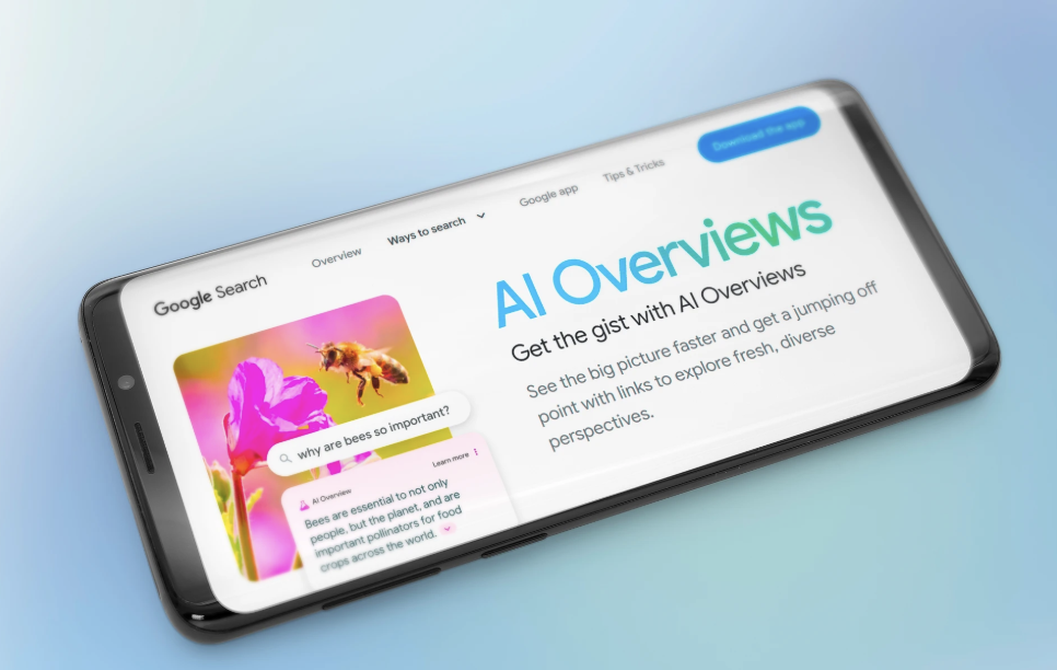 Phone screen showing Google AI Overview answering “Why are bees so important?”