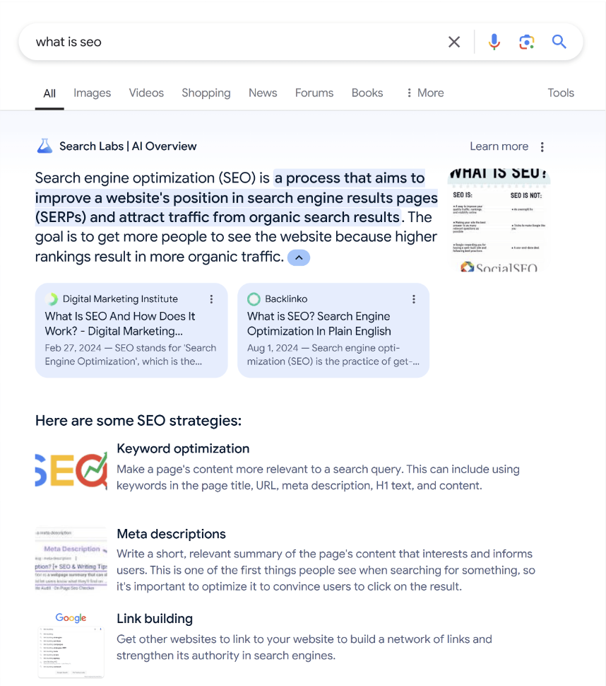 A Google search for “What is SEO” displays an AI Overview at the top of the page, featuring a brief summary, key points, and cited sources, highlighting how Google now delivers instant answers above standard search results.